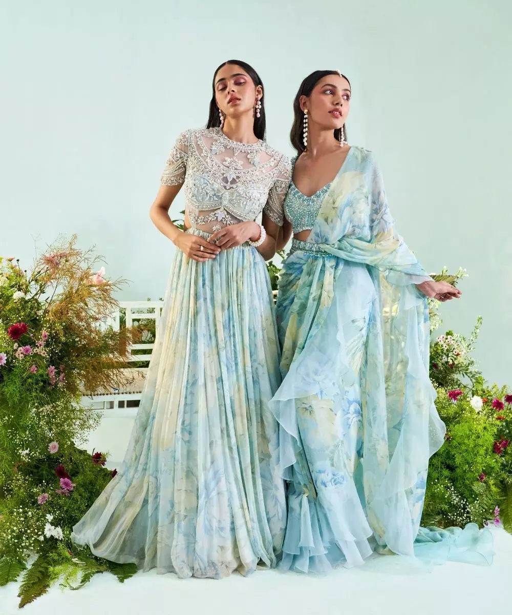 MANI BHATIA - Ice blue floral print Ruffle Saree